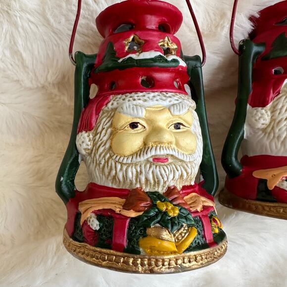 2 Ceramic Santa Head Votive Candle Holder Lanterns Handle Christmas Tea Light - Picture 8 of 11